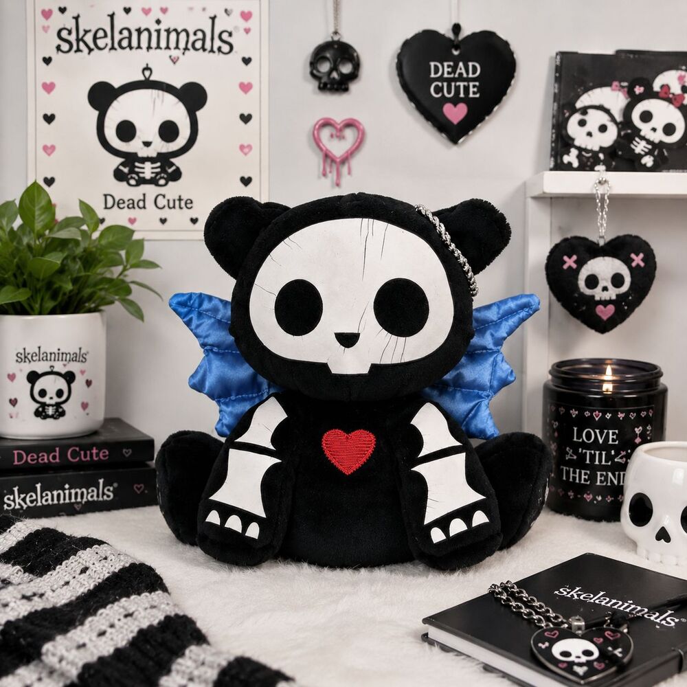 2009 Skelanimals Kit Cat Angel Plush 6" Blue Wings Halo JAKKS Y2K HTF Emo Goth